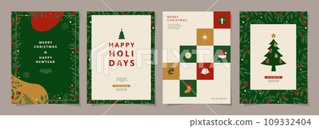 Set of Merry Christmas and Happy New Year background. Greeting and invitation card, web banner, holiday cover, flyer, poster design templates. Modern flat vector illustration. 109332404