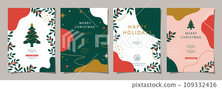 Set of Merry Christmas and Happy New Year background. Greeting and invitation card, web banner, holiday cover, flyer, poster design templates. Modern flat vector illustration. Set of Merry Christmas and Happy New Year background. Greeting and invitation card, web banner, holiday cover, flyer, poster design templates. Modern flat vector illustration. 109332416