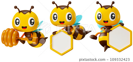 3D cartoon cute honey bee character set with different poses. Cute bee holding honeycomb shaped signboard and honey dipper. 3d rendering illustration mascot set. 109332423