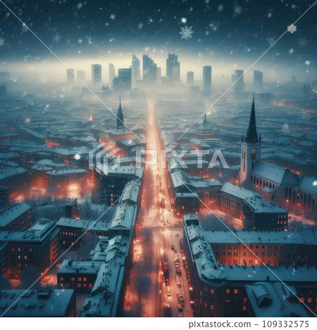 In the style of cinematic, a winter city scene under soft snowfall at dusk 109332575