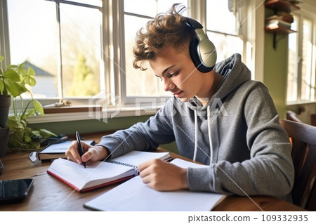 A young Caucasian guy writes down important notes in a notebook to organize knowledge in his head. 109332935
