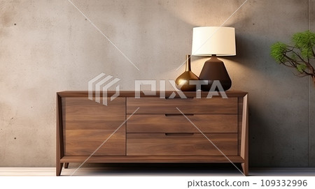 Brown wooden chest of drawers against a concrete wall. Brown wooden chest of drawers against a concrete wall. 109332996