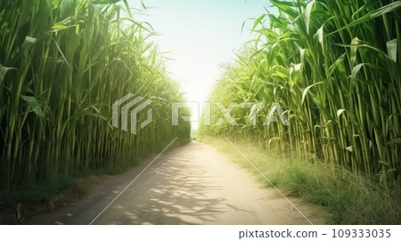 Empty ground road across large sugarcane plantation at summer Asian farmland site 109333035