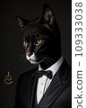 a cat in a tuxedo is looking at the camera while wearing a suit and bow tie with a black background 109333038