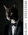 a cat in a tuxedo is looking at the camera while wearing a suit and bow tie with a black background 109333046