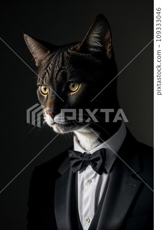 a cat in a tuxedo is looking at the camera while wearing a suit and bow tie with a black background a cat in a tuxedo is looking at the camera while wearing a suit and bow tie with a black background 109333046