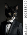 a cat in a tuxedo is looking at the camera while wearing a suit and bow tie with a black background 109333049