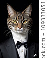 a cat in a tuxedo is looking at the camera while wearing a suit and bow tie with a black background 109333051