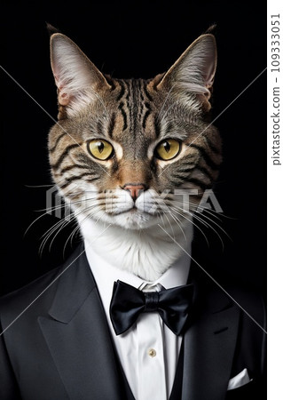 a cat in a tuxedo is looking at the camera while wearing a suit and bow tie with a black background a cat in a tuxedo is looking at the camera while wearing a suit and bow tie with a black background 109333051