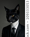 a cat in a tuxedo is looking at the camera while wearing a suit and bow tie with a black background 109333053