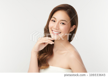 Beautiful smile of young woman with healthy white teeth on white background, Dental care. Dentistry concept. Beautiful smile of young woman with healthy white teeth on white background, Dental care. Dentistry concept. 109333643