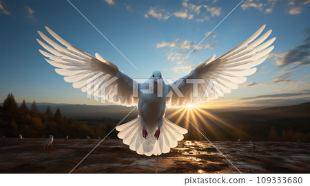 Dove flying under a blue sky, Ai content 109333680