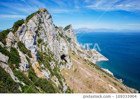 Aerial view of Gibraltar, Algeciras Bay and La Linea de la Concepcion from the Upper Rock. View on coastal city from above. 109333904