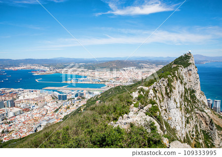 Aerial view of Gibraltar, Algeciras Bay and La Linea de la Concepcion from the Upper Rock. View on coastal city from above. Aerial view of Gibraltar, Algeciras Bay and La Linea de la Concepcion from the Upper Rock. View on coastal city from above. 109333995