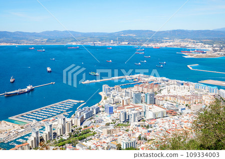 Aerial view of Gibraltar, Algeciras Bay and La Linea de la Concepcion from the Upper Rock. View on coastal city from above. Aerial view of Gibraltar, Algeciras Bay and La Linea de la Concepcion from the Upper Rock. View on coastal city from above. 109334003