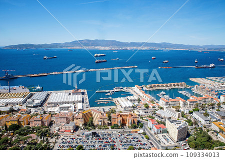Aerial view of Gibraltar, Algeciras Bay and La Linea de la Concepcion from the Upper Rock. View on coastal city from above. Aerial view of Gibraltar, Algeciras Bay and La Linea de la Concepcion from the Upper Rock. View on coastal city from above. 109334013
