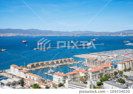 Aerial view of Gibraltar, Algeciras Bay and La Linea de la Concepcion from the Upper Rock. View on coastal city from above. 109334030