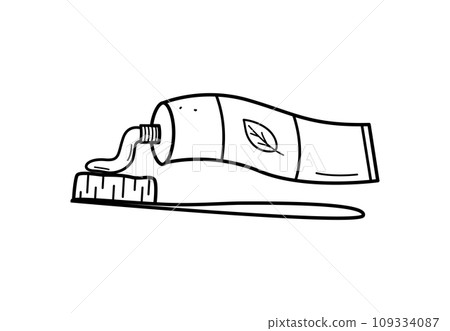 Doodle icons for oral and dental care. Vector illustration toothpaste for brushing teeth flows out of the tube onto the toothbrush. 109334087