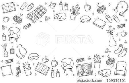 Cozy home set of doodle cartoon icons. Vector illustration elements of home accessories, comfort and everyday life. Cozy home set of doodle cartoon icons. Vector illustration elements of home accessories, comfort and everyday life. 109334101