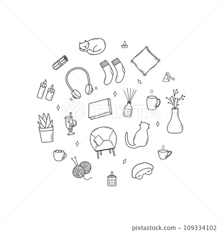 Cozy home set of doodle cartoon icons. Vector illustration elements of home accessories, comfort and everyday life. Cozy home set of doodle cartoon icons. Vector illustration elements of home accessories, comfort and everyday life. 109334102