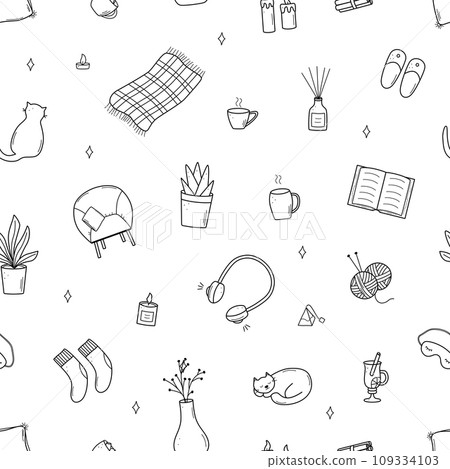Seamless pattern cozy home elements. Vector illustration doodle cartoon icon, background wallpaper. Seamless pattern cozy home elements. Vector illustration doodle cartoon icon, background wallpaper. 109334103
