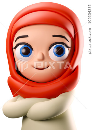 3D rendering muslim woman with hijab arms on chest cartoon character illustration 109334285