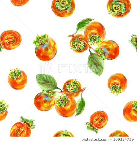 Pattern of persimmon orange fruit with leaves. Watercolor hand-drawn elements. Isolated on white background. Delicious fruit clip-art illustration. Used on labels, napkins, towels, tableware, package 109334739