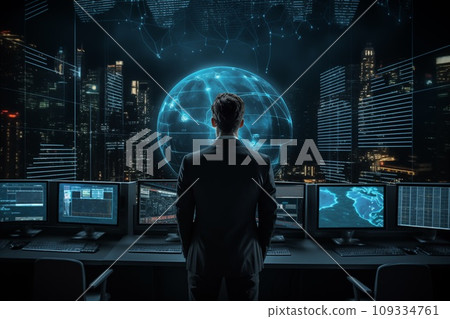 businessman standing in a dark room with a lot of monitors by Generative AI 109334761