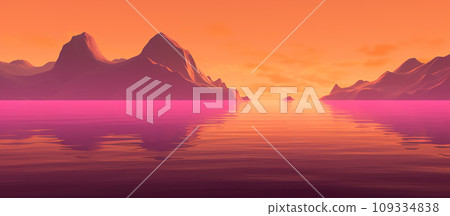 colorful sunset at serene lake, in style of purple, pink and orange, landscape scenery, tranquility and calmness concept 109334838