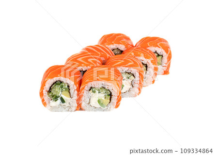 Sushi and rolls with caviar, shrimp and tuna, avocado on a white background. Isolates. Sushi and rolls with caviar, shrimp and tuna, avocado on a white background. Isolates. 109334864