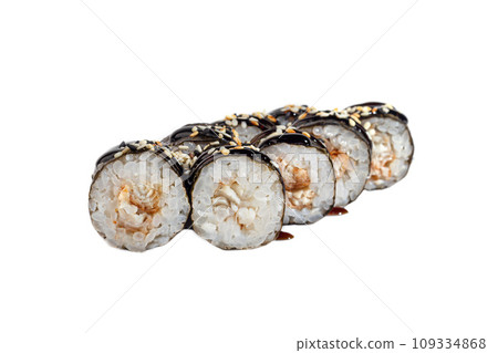 Sushi and rolls with caviar, shrimp and tuna, avocado on a white background. Isolates. Sushi and rolls with caviar, shrimp and tuna, avocado on a white background. Isolates. 109334868