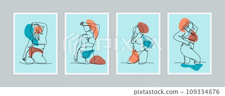 Line women. Body positive female characters. One line silhouettes. Cards or minimalist posters. Girls in underwear or swimsuit. Sexy beautiful models in lingerie. Vector isolated lady illustration 109334876