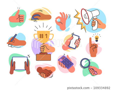 Hand gestures. Arms holding megaphone and search magnifier. Palms with smartphone or tablet. Money icons. Handshake and okay symbols. Writing pen. People characters. Fingers gesturing vector flat set 109334892