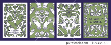 Boho flowers. Vintage mystic plants, floral vibes, good magic sun posters, mystery tattoo ornament. Covers collection. Female hands and botanical elements. Vector hand drawn illustration background Boho flowers. Vintage mystic plants, floral vibes, good magic sun posters, mystery tattoo ornament. Covers collection. Female hands and botanical elements. Vector hand drawn illustration background 109334900