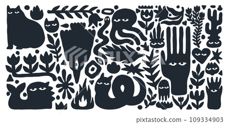 Art characters. Black strange creatures. Doodle monsters community. Cute nightmare silhouettes. Animal shapes. Bizarre face eyes. Plant leaves and flowers. Hands palm. Vector abstract illustration Art characters. Black strange creatures. Doodle monsters community. Cute nightmare silhouettes. Animal shapes. Bizarre face eyes. Plant leaves and flowers. Hands palm. Vector abstract illustration 109334903