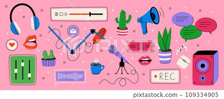 Podcast record. Doodle laptop, pencil, radio and voice icons, mouth with music and coffee for content makers. Headphones and mic. Entertainment show. Vector cartoon garish design, isolated elements Podcast record. Doodle laptop, pencil, radio and voice icons, mouth with music and coffee for content makers. Headphones and mic. Entertainment show. Vector cartoon garish design, isolated elements 109334905