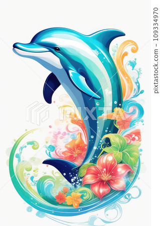 Colorful watercolor. Jumping from water cute dolphin isolated in colors fantasy swirls splash. 109334970