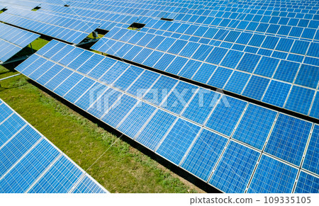 Aerial view of Solar Panels Farm Solar Cell Station. Production of clean energy. Renewable green alternative energy concept. 109335105