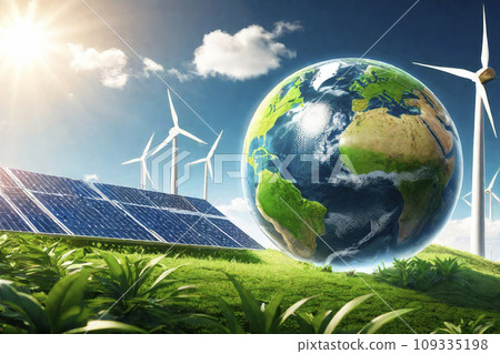 Clean electric energy from renewable sources sun and wind. Eco friendly, sustainable, renewable and alternative energy. 109335198