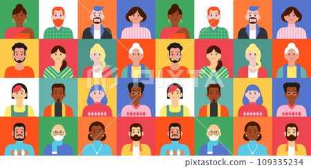 Diverse people. Geometric modern color community, mosaic geometry with portraits and faces. Male and female characters different nationality. Multiethnic characters. Vector cartoon flat isolated set 109335234