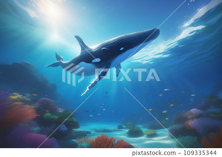 Beautiful blue whale in multi-colored corals with bright fish underwater 109335344