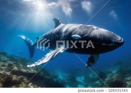 Beautiful blue whale in multi-colored corals with bright fish underwater 109335345