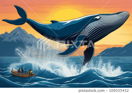 A cartoon illustration of a mighty whale that has jumped out and flies over the water with small splashes. A cartoon illustration of a mighty whale that has jumped out and flies over the water with small splashes. 109335432