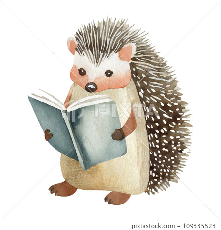 watercolor drawing of hedgehog reading book 109335523