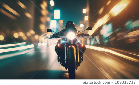 motorbike driving fast in city at night. riding motorcycle front view  .ai generated 109335732