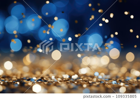 Christmas Bokeh: Blurry Blue and Gold Background with Festive Sparkles 109335805