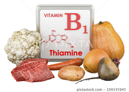 Products containing vitamins B1, Thiamin. 3D rendering 109335945