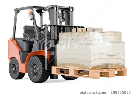 Forklift truck with parcels wrapped in the stretch film, 3D rendering 109335952