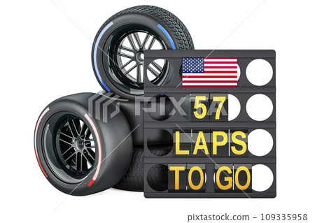 American racing, pit board with flag of the USA and racing wheels with different compounds type tyres. 3D rendering 109335958