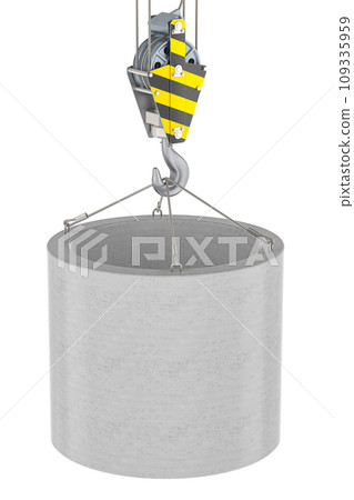 Crane hook with concrete manhole ring. 3D rendering 109335959